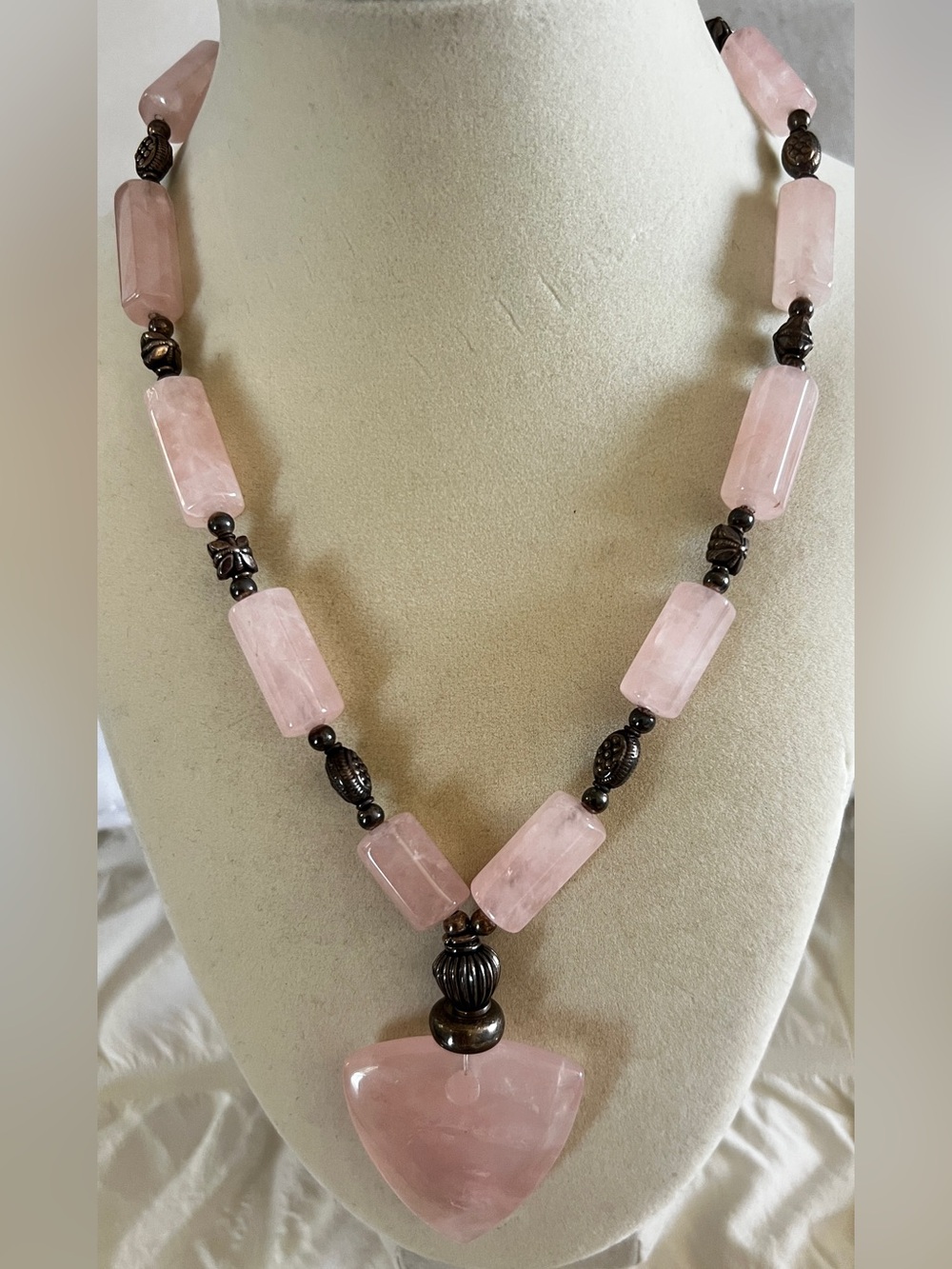 Rose Quartz Statement Necklace - Pink Semi-Precious Pendant
